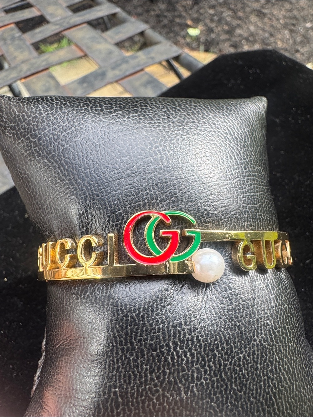 Bracelet  Gold-Tone Bracelet with Red & Green Enamel and Pearl